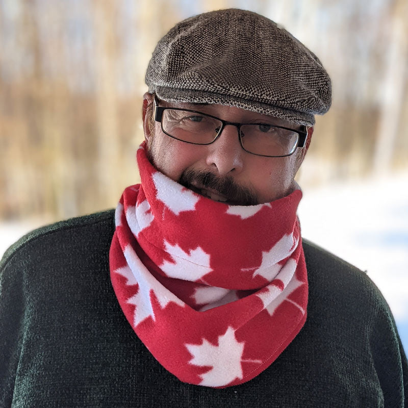 Fleece neckwarmer bandana scarf, adjustable toggle fit, Canada in red and white, unisex