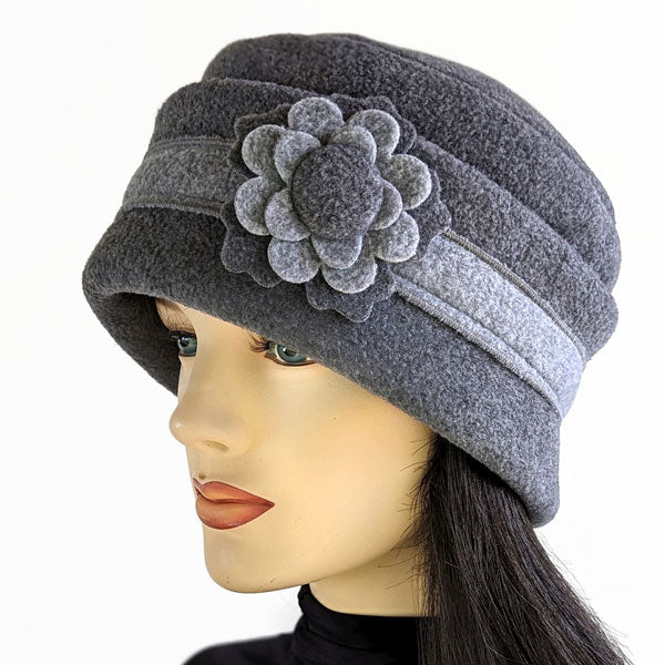 Fleece Fashion Toque with adjustable cuff, two tone grey with floral pin