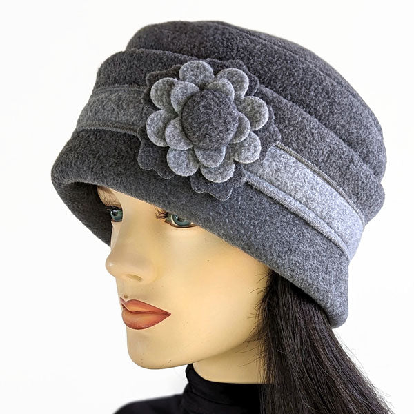 Toque Ladies Fleece Fashion Toque with adjustable cuff, two tone grey with floral p ...