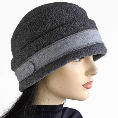 Fleece Fashion Toque with adjustable cuff, two tone grey with floral pin