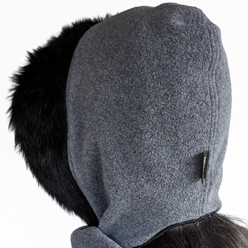 Cosy warm winter hoodie scarf Neckwarmer in premium Charcoal fleece with black faux fur