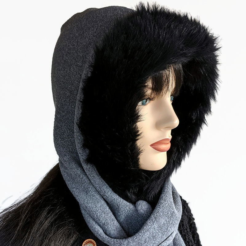 Cosy warm winter hoodie scarf Neckwarmer in premium Charcoal fleece with black faux fur