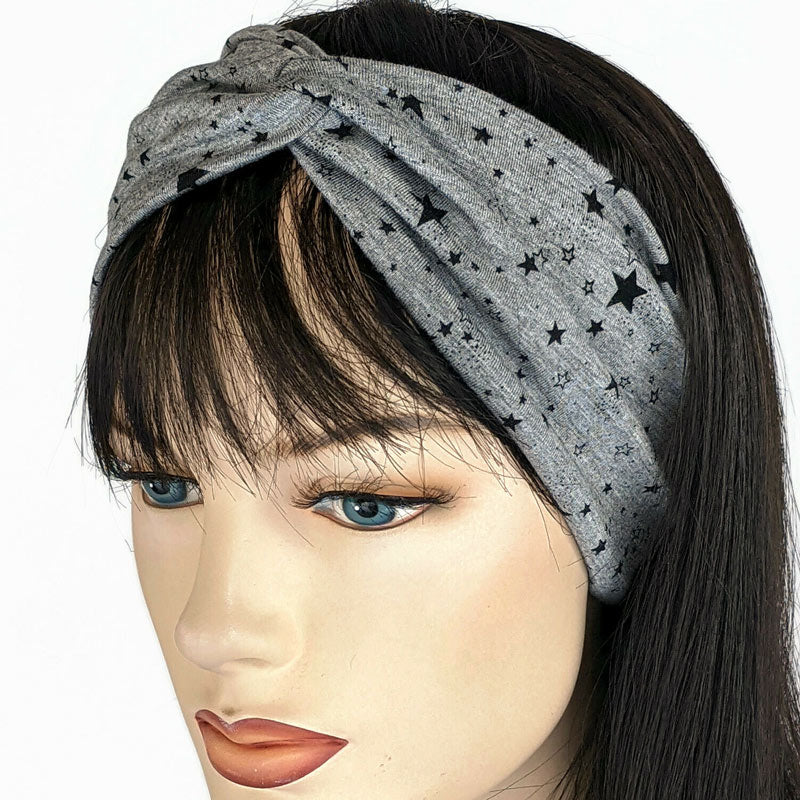 Bamboo blend wide turban style comfy wide knit headband, black stars on grey