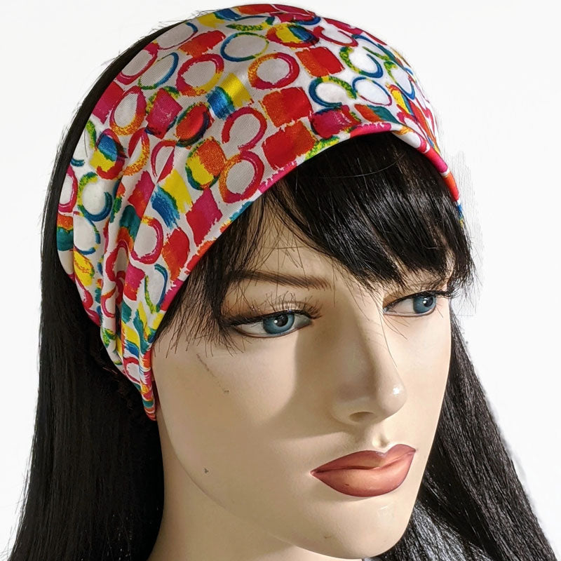 Wide comfy jersey knit Headband, hat band in bright circles and squares