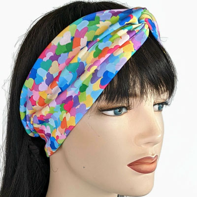 Premium, wide turban style comfy wide jersey knit  headband, bright confetti hearts