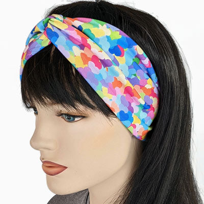 Premium, wide turban style comfy wide jersey knit  headband, bright confetti hearts