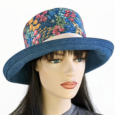 105-d Sunblocker UV summer sun hat featuring country garden, adjustable fit