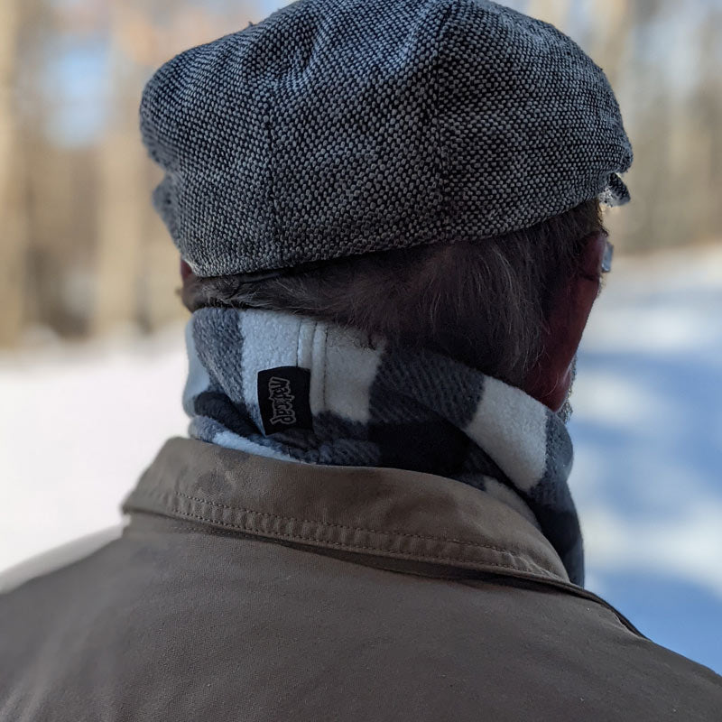 Fleece neckwarmer bandana scarf, adjustable toggle fit, cream and black plaid, unisex