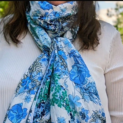 Extra long cotton voile scarf, turban scarf, shoulder wrap, perfect for headwrap, creamy blue tone floral