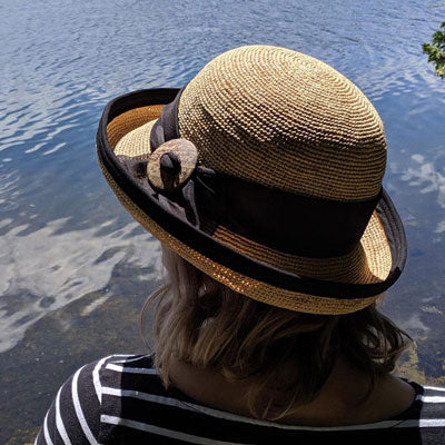 206-b Crochet Raffia Sun Hat with adjustable fit with black trim