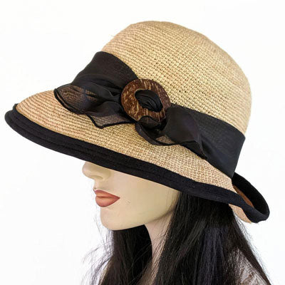 206-b Crochet Raffia Sun Hat with adjustable fit with black trim