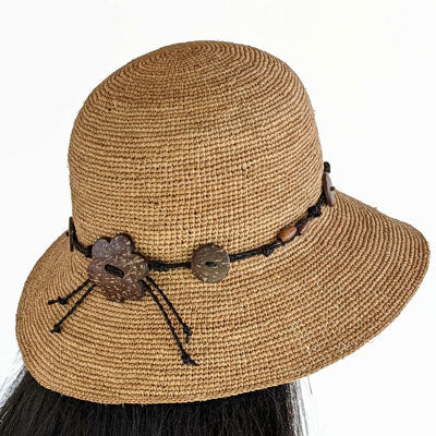 Cute as a button Crocheted Raffia bucket style with large brim, in toast