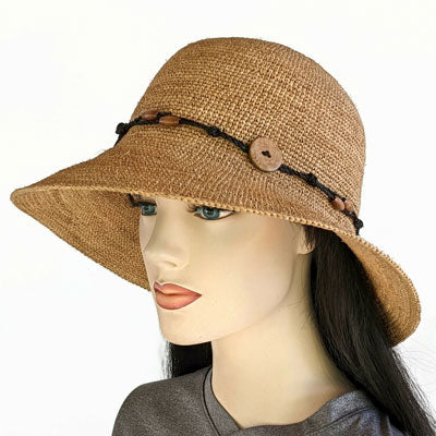 Cute as a button Crocheted Raffia bucket style with large brim, in toast