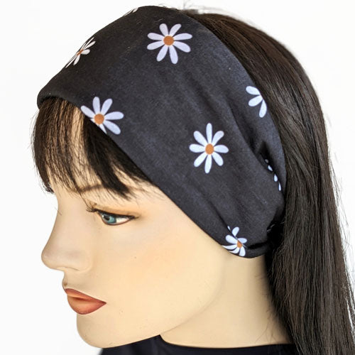 Wide comfy knit band, washed out black with daisies