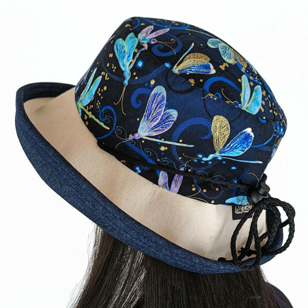 106-a Sunblocker UV summer sun hat with large wide brim featuring dragonfly print in navy