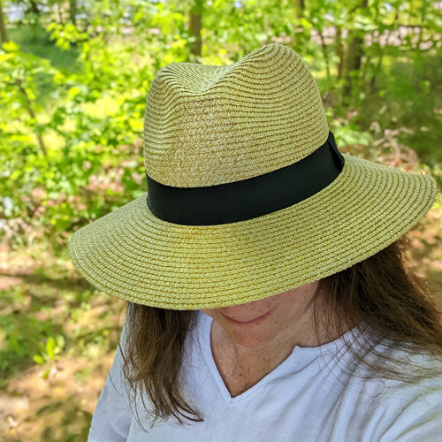 Paper Straw Fedora style sun hat, adjustable fit, wide brim