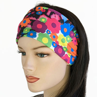 Premium, wide turban style comfy wide jersey knit headband, flower power