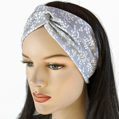 Premium, wide turban style comfy wide jersey knit headband, grey and white floral