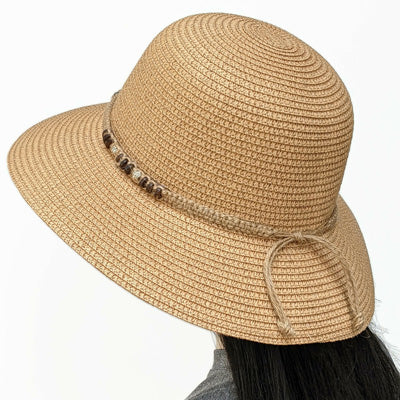 212 Straw Travel Beach Hat with bead macrame trim, adjustable fit, two colours