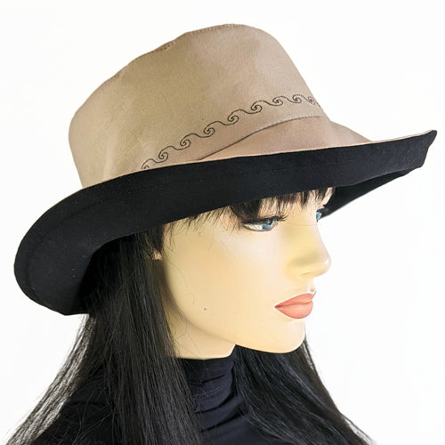 100-a Extra large bucket brim Sunblocker in neutral color with black trim, adjustable fit