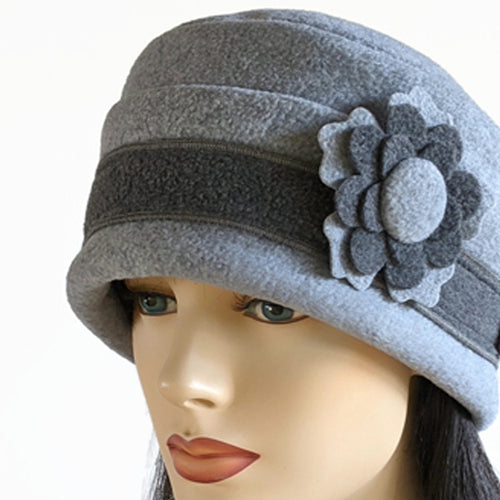 Fleece Fashion Toque with adjustable cuff, two tone grey with floral p ...
