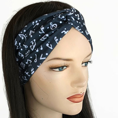 Premium, wide turban style comfy wide jersey knit headband, music notes