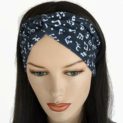 Premium, wide turban style comfy wide jersey knit headband, music notes
