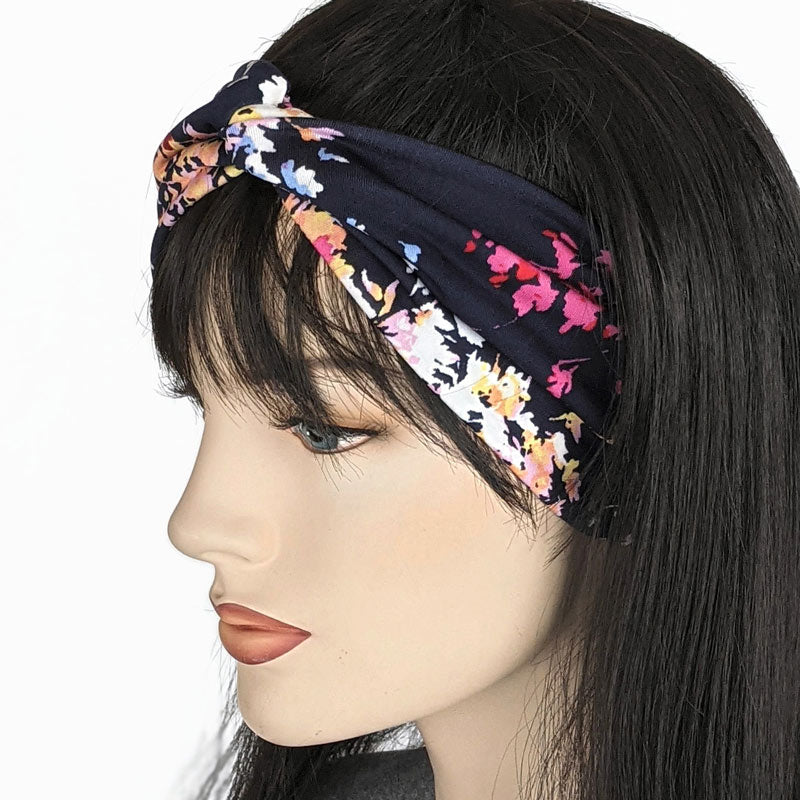 Turban style comfy wide poly knit fashion headband, bright floral on navy