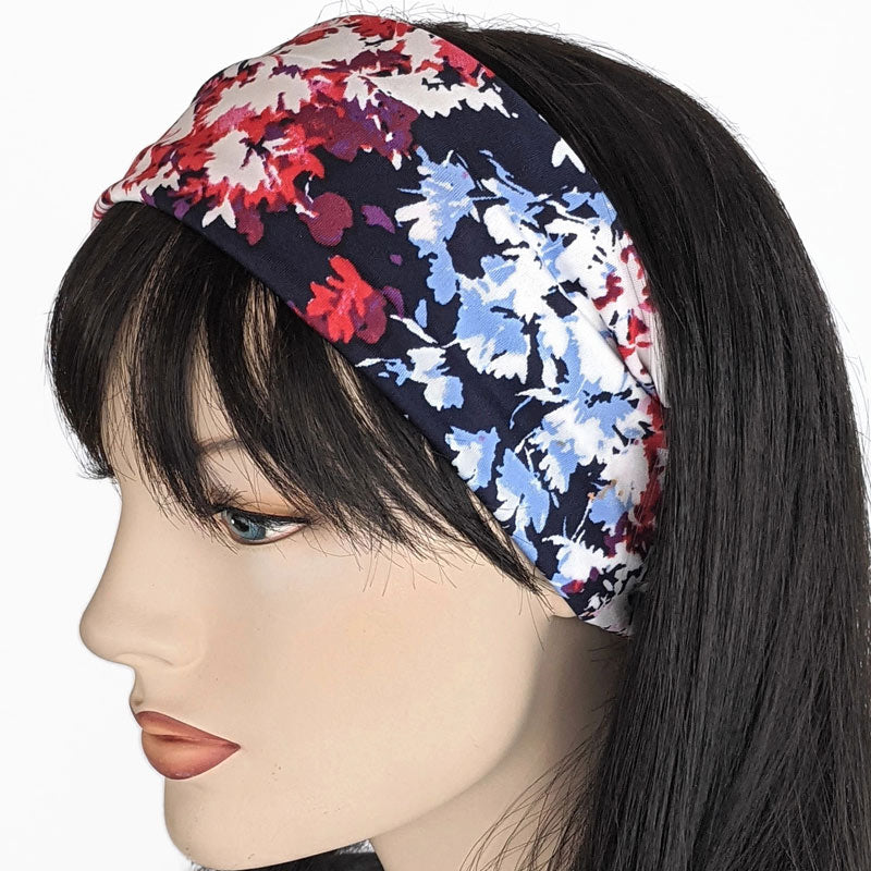 Turban style comfy wide poly knit fashion headband, bright floral on navy