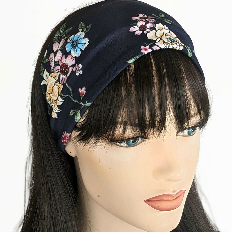 Turban style comfy wide poly knit fashion headband, tradional floral on navy
