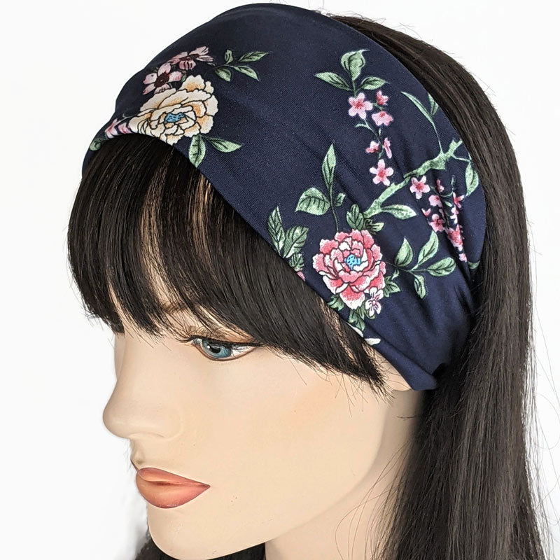Turban style comfy wide poly knit fashion headband, tradional floral on navy