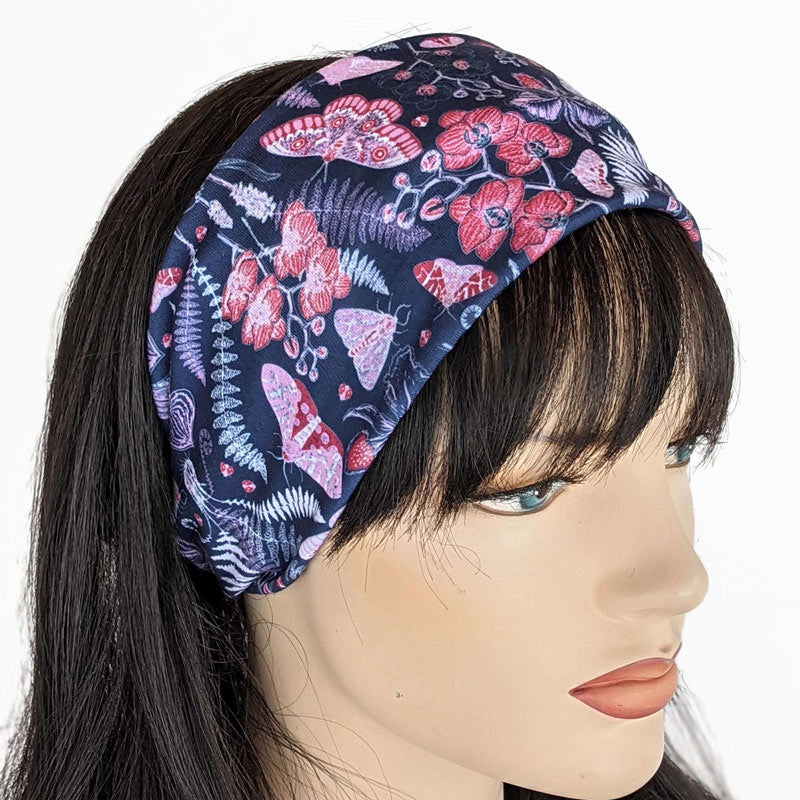 Premium, wide turban style comfy wde jersey knit  headband, navy garden