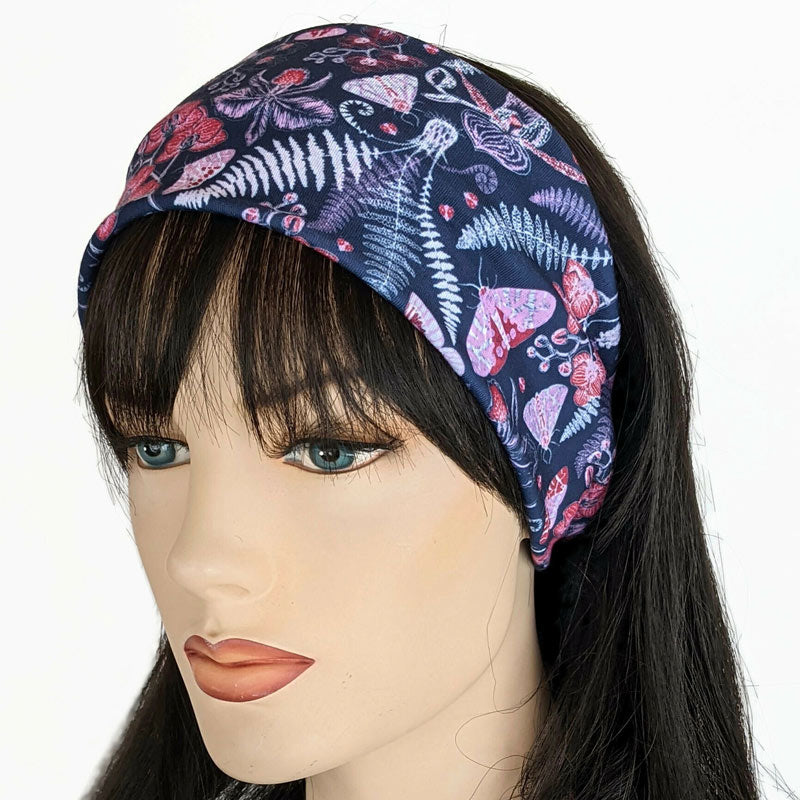 Premium, wide turban style comfy wde jersey knit  headband, navy garden