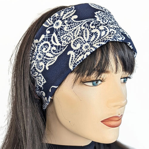 Wide comfy knit band, dark navy with white lacey print
