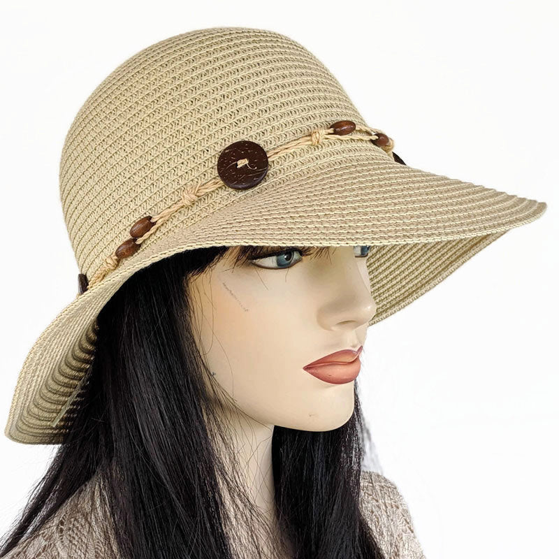 208 Wide Brim Straw Sun Hat with button trim