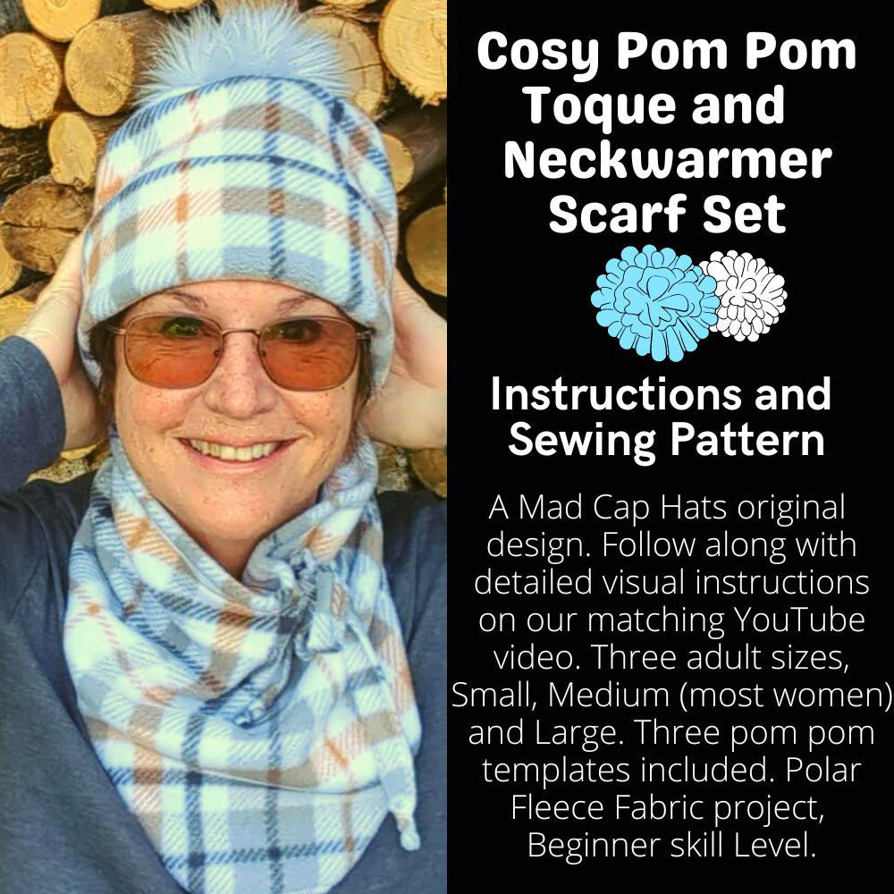 Pom Pom Toque and neckwarmer scarf set, polar fleece, full pattern, in digital format, in 3 sizes