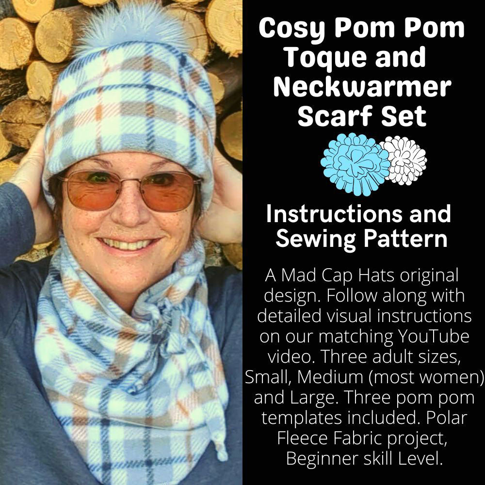 Pom Pom Toque and neckwarmer scarf set, polar fleece, full pattern