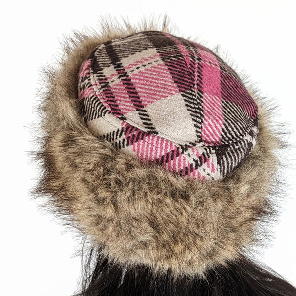 Faux Fur and woolen fabric Pillbox beanie toque hat, plush faux fur in browns, pink cream plaid print
