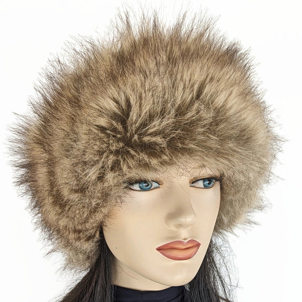 Faux Fur and woolen fabric Pillbox beanie toque hat, plush faux fur in browns, pink cream plaid print