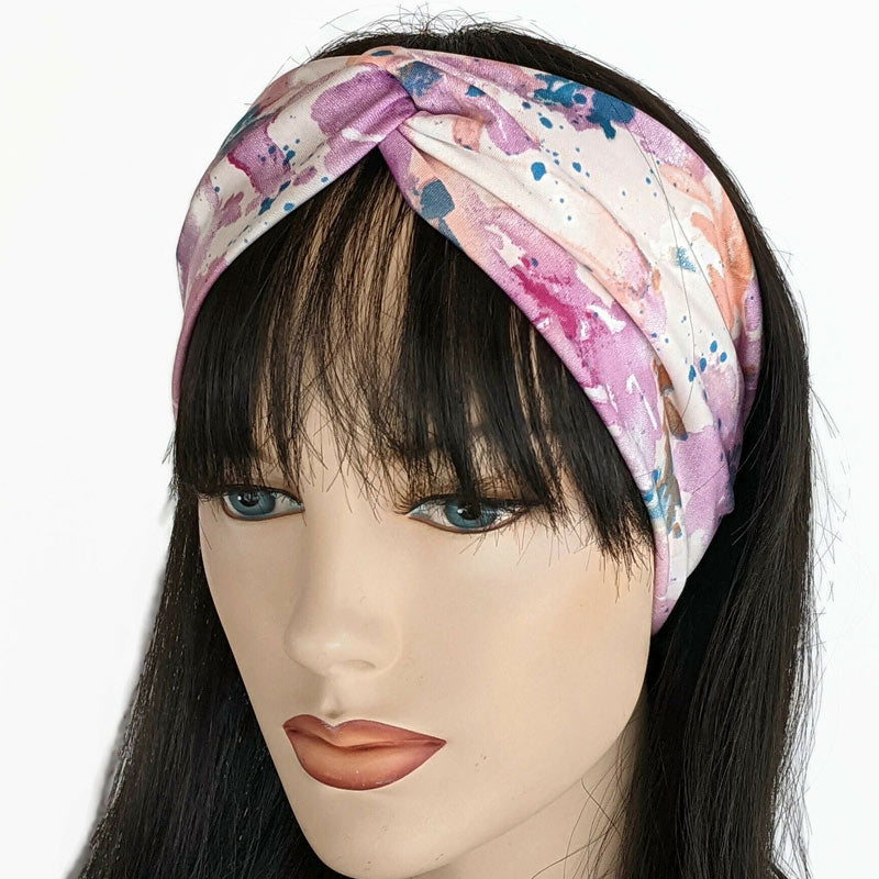Turban style comfy wide poly knit fashion headband, pink splatter
