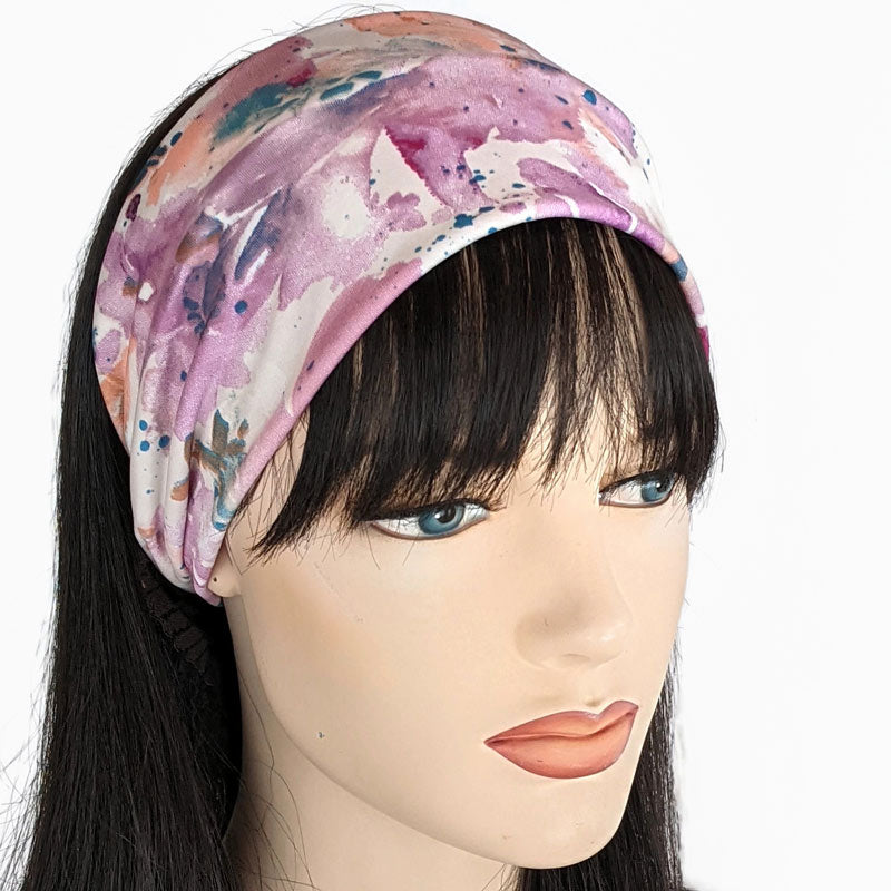 Turban style comfy wide poly knit fashion headband, pink splatter