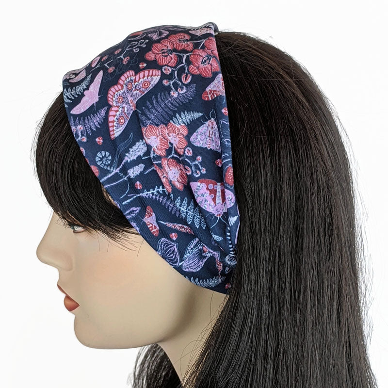 Premium, custom printed fabric, wide comfy jersey knit band, hat band, navy garden
