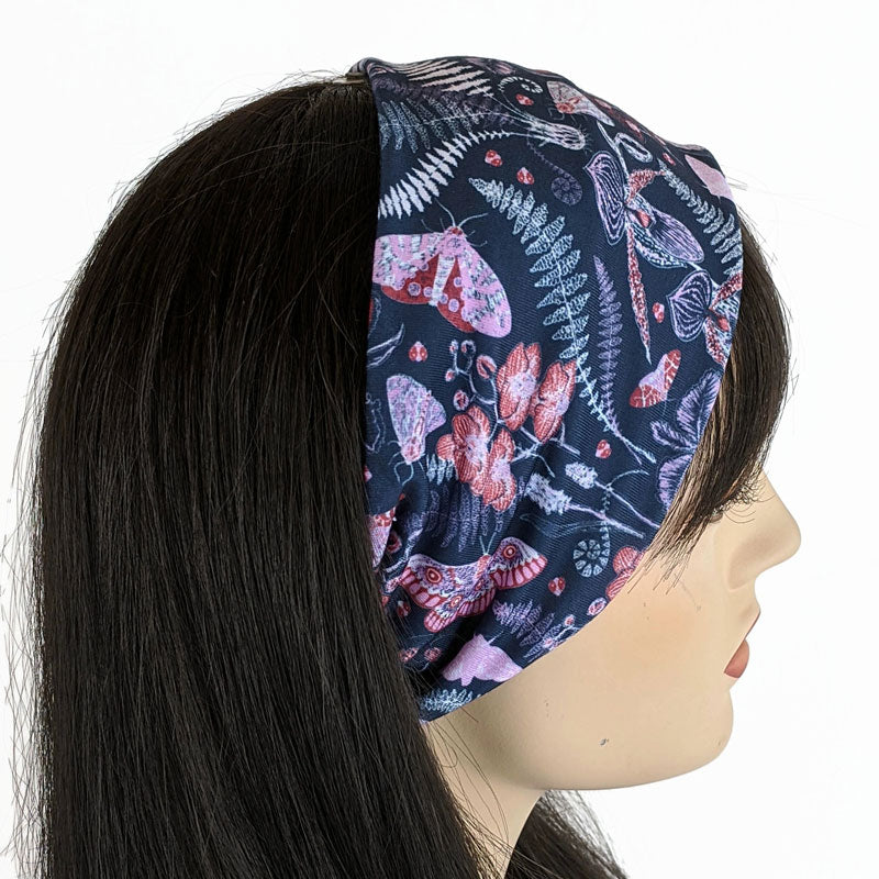 Premium, custom printed fabric, wide comfy jersey knit band, hat band, navy garden