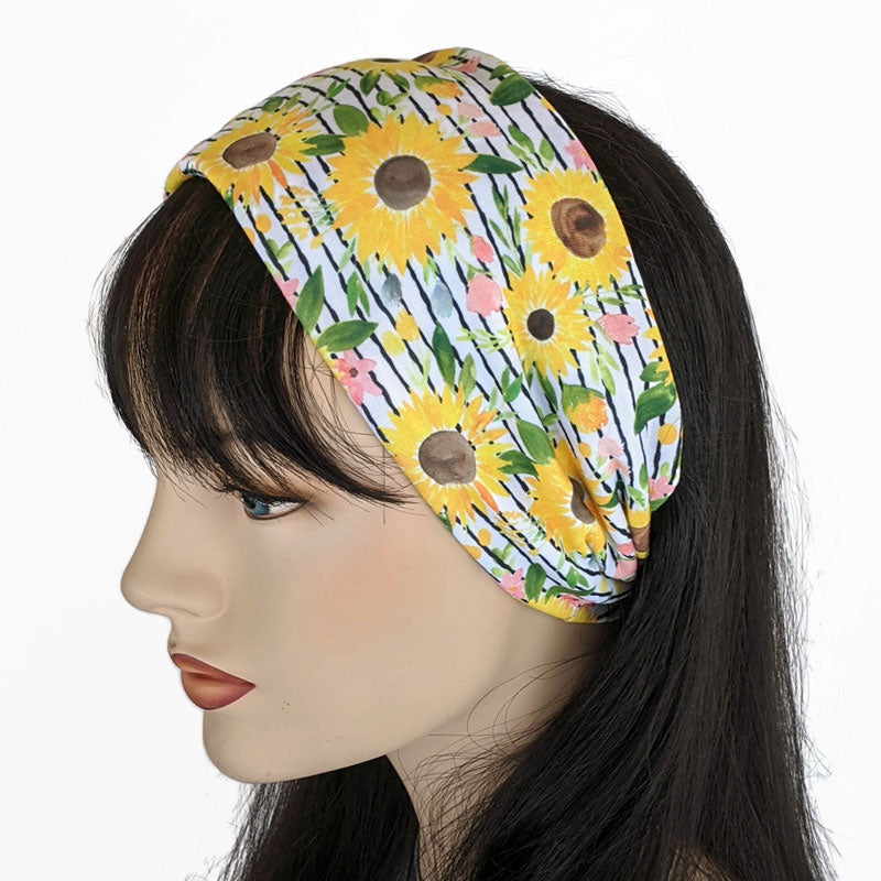 Premium, custom printed fabric, wide comfy jersey knit band, hat band, sunflowers