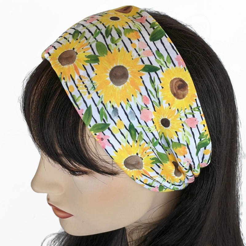 Premium, custom printed fabric, wide comfy jersey knit band, hat band, sunflowers