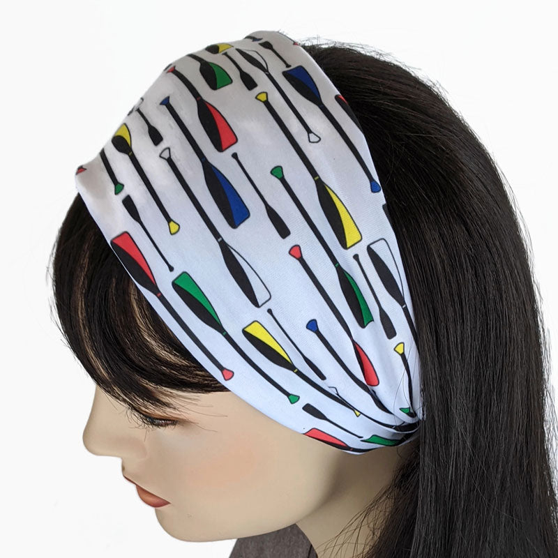 Premium, custom printed fabric, wide comfy jersey knit band, hat band, paddles oars