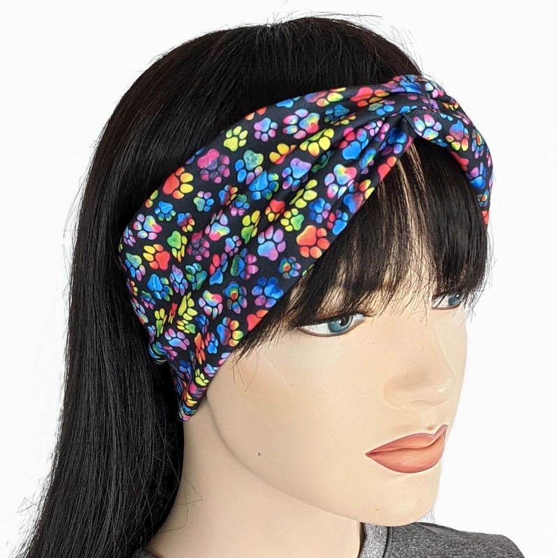 Premium, wide turban style comfy wde jersey knit  headband, rainbow paws