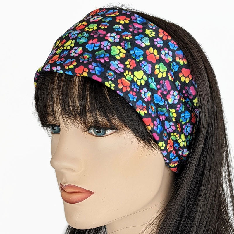 Premium, wide turban style comfy wde jersey knit  headband, rainbow paws