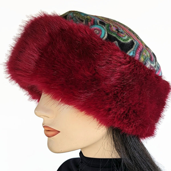 Faux Fur and Fleece Fashion Pillbox Beanie Toque Hat, stylish raspberry fur with bright paisley