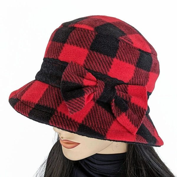Fleece Fashion Bucket Hat, with lace and bow trim, red and black check